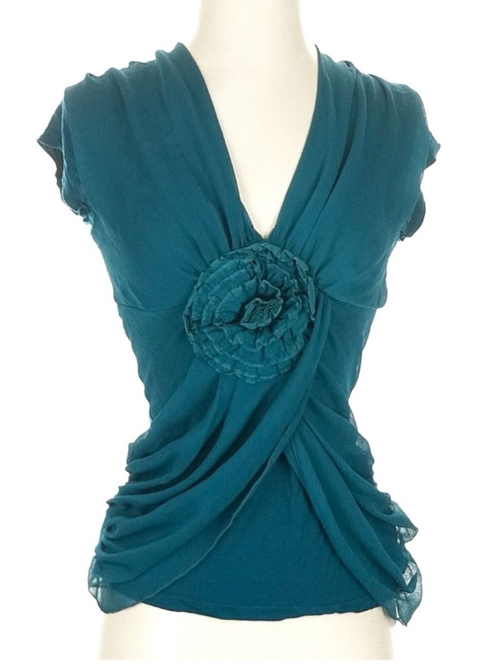 Anthropologie Deletta Teal Chiffon Rosette Sleeveless Top Romantic Retro Size S